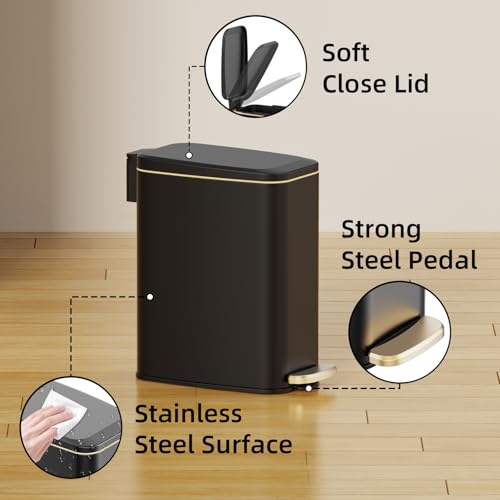 Slim Stainless Steel Step Trash Can with Soft-Close Lid - 1.6 Gal, Black