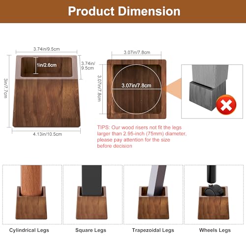 Heavy Duty Bed Risers with Non-Slip Pads - 4 Pack Wooden Lifts