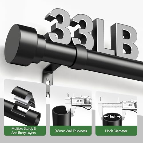 Adjustable Heavy Duty Black Curtain Rod 32 to 120 Inch, 1 Inch Diameter