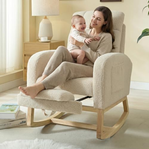 Modern Teddy Upholstered Nursery Rocking Chair with Footrest & Pocket - Beige