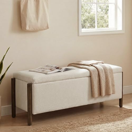 47-Inch Upholstered Storage Ottoman Bench, Beige Fabric Bedroom Entryway Bench