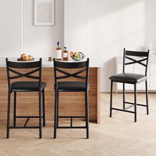26-Inch Counter Height Bar Stools with Back - Set of 4, Black PU Leather