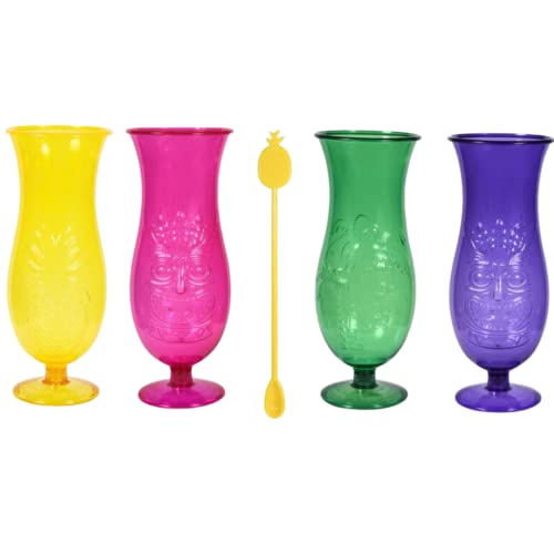 Plastic Luau Hurricane Glasses & Pineapple Drink Stirrers - Summer Party Pack of 5