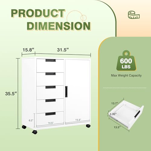 5-Drawer Metal Rolling Storage Cabinet with Adjustable Shelf - White
