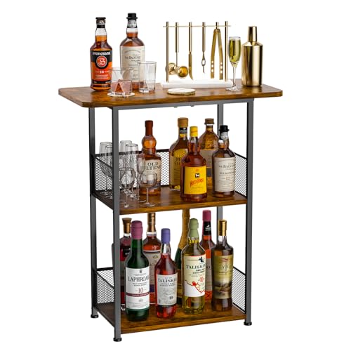 3-Tier Freestanding Wine Rack & Mini Bar Cart with Wood Tabletop
