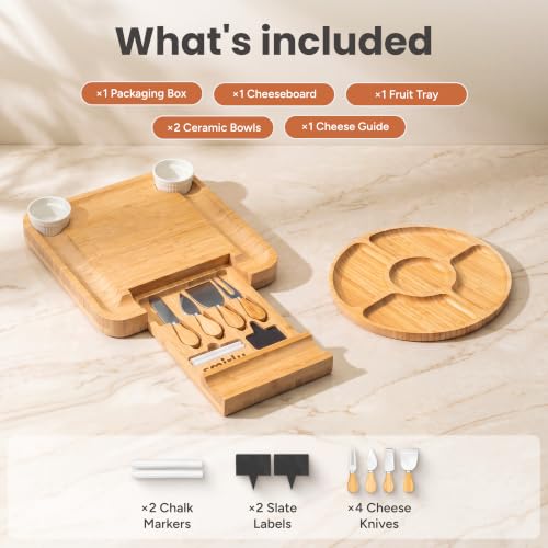 Bamboo Charcuterie Board Set with Serving Accessories and Cheese Knives