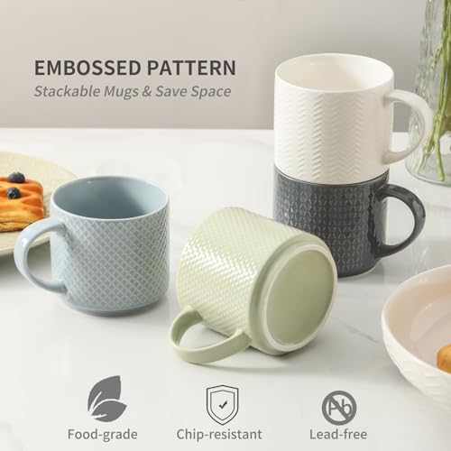 HASENSE Multicolor 15 oz Ceramic Coffee Mug Set with Metal Stand, Stackable Latte Cups for Tea & Cappuccino