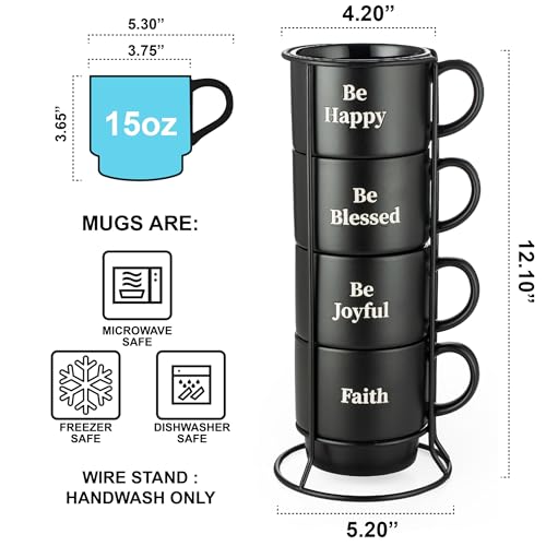 Be Happy Matte Black Stackable Coffee Mug Set with Metal Rack - 15oz, Large, Inspirational Messages