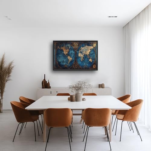 Large World Map Wall Art, Framed 24x36 Canvas Print for Living Room