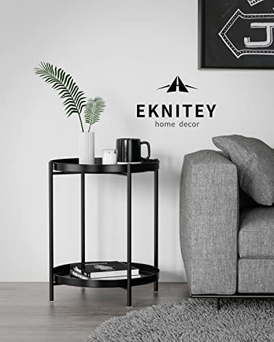 2-Tier Round Metal End Table with Removable Tray, Waterproof Side Table