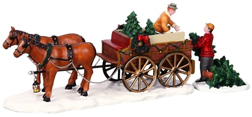 Christmas Village Tree Wagon Figurine Set of 2 - Polyresin Table Accent