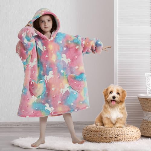 Glow in the Dark Unicorn Oversized Wearable Blanket Hoodie for Kids