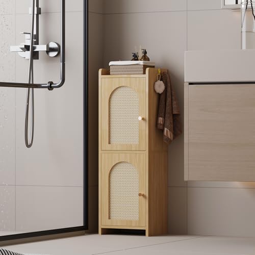 Narrow Rattan Bathroom Storage Cabinet with 2 Doors and Adjustable Shelf