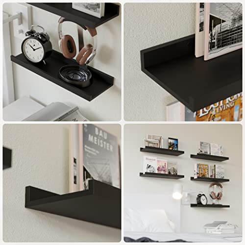 Black Floating Shelves with Lip - Set of 5 16-Inch Wall Mounted Picture Ledge