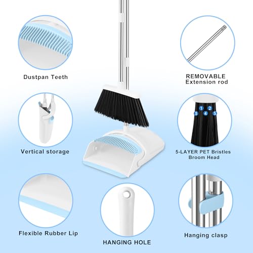 Broom and Dustpan Set with Comb Teeth & Adjustable Long Handle