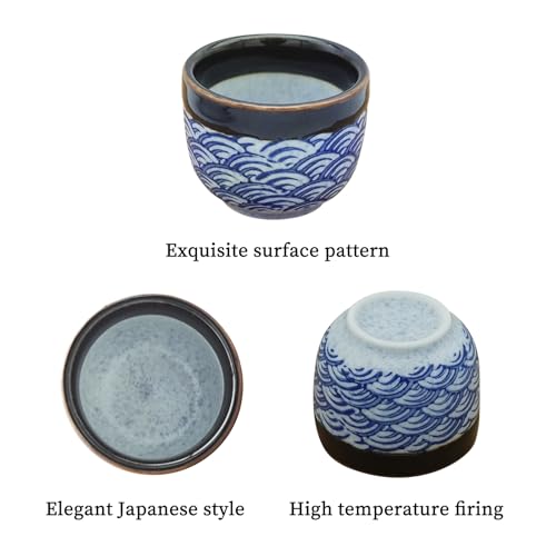 Japanese Porcelain Sake Set – 1 Bottle & 4 Cups with Blue Wave Pattern, KeQiu