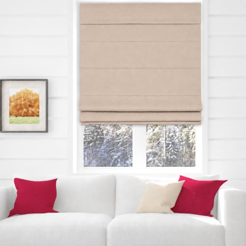 Cordless Fabric Roman Shades 34" W x 60" H - Oatmeal Darkening Blinds