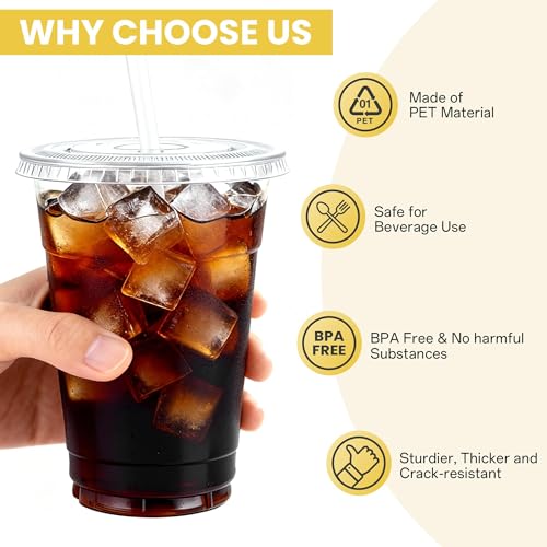 16 oz Clear Disposable Plastic Cups with Lids and Straws - 100 Pack