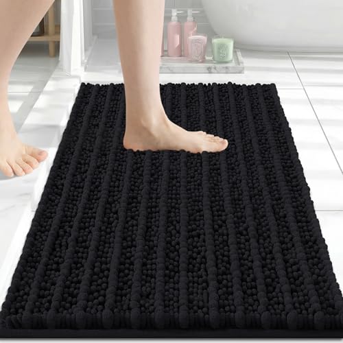 Arotive Black Bathroom Rug 24x16 - Soft Absorbent Chenille Shaggy Mat