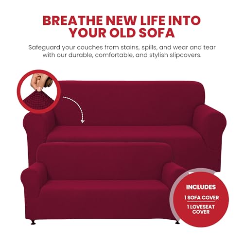 Stretch Sofa and Loveseat Slipcovers Set - Burgundy, 2-Piece