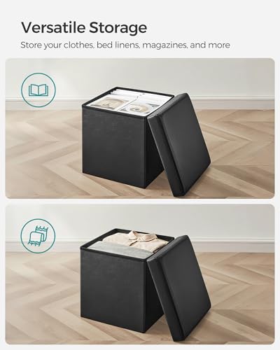 15-Inch Foldable Storage Ottoman Cube, Synthetic Leather Footstool - Black