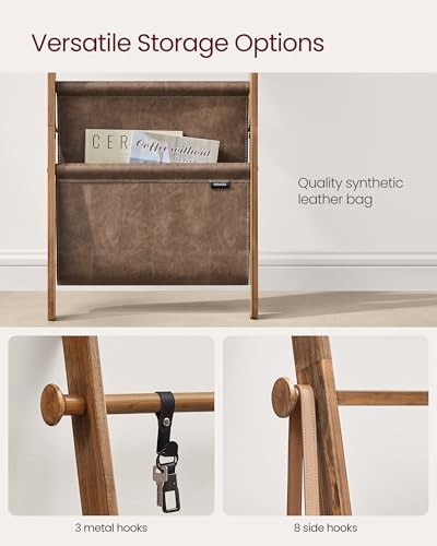 5-Tier Wooden Blanket Ladder with Hooks and Leather Storage Bag