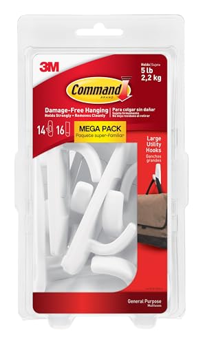 Command Large White Utility Hooks Pack of 14 with 16 Strips - Damage-Free Wall Mounts