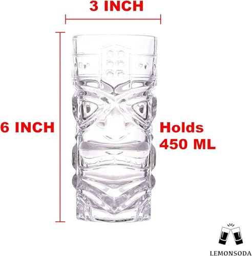 Clear Tropical Tiki Glasses, 15oz Cocktail Drinkware Set of 6