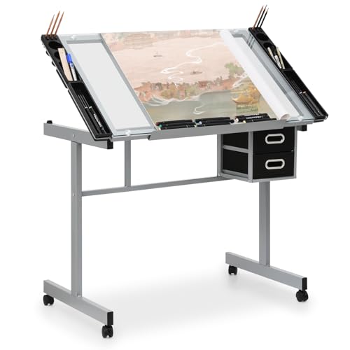 Adjustable Tilting Glass Drafting Table with Storage Drawers & Trays