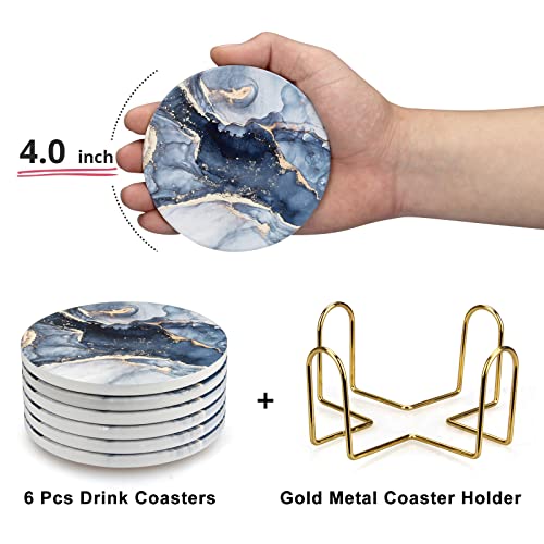 Navy Blue Marble Ceramic Coasters Set of 6 with Gold Metal Holder - Absorbent & Non-Slip