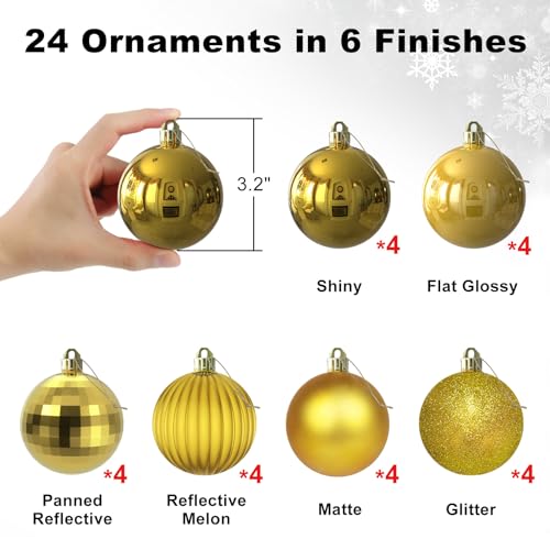 Gold Shatterproof Christmas Tree Ornaments - 3.2 Inch Large Hanging Balls (Set of 24)