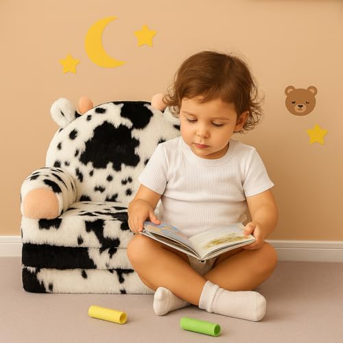 QIUODO Cow Toddler Couch Chair 2-in-1 Foldable Kids Sofa, Soft Plush Play Seat