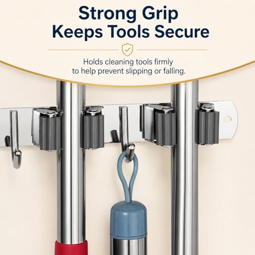 Stainless Steel Mop and Broom Holder Wall Mount with 5 Racks and 4 Hooks
