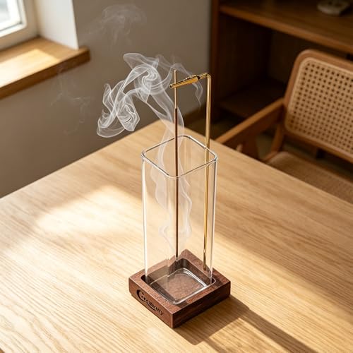 Wooden Incense Holder with Ash Catcher & Glass Burner Set with 20 Sticks