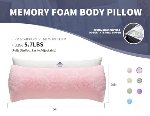 Fluffy Full Body Pillow with Memory Foam, Pink 20x54 - Removable Cover & Machine Washable