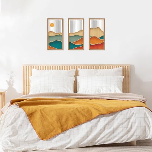 3-Piece Boho Mountain Landscape Wooden Wall Art, Minimalist Nature Decor