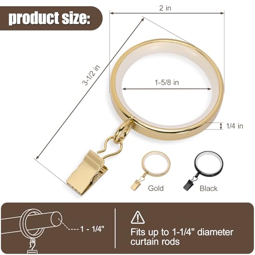 20 Pack Gold Curtain Rings with Clips, Silent Glide Drapery Rings 2 Inch