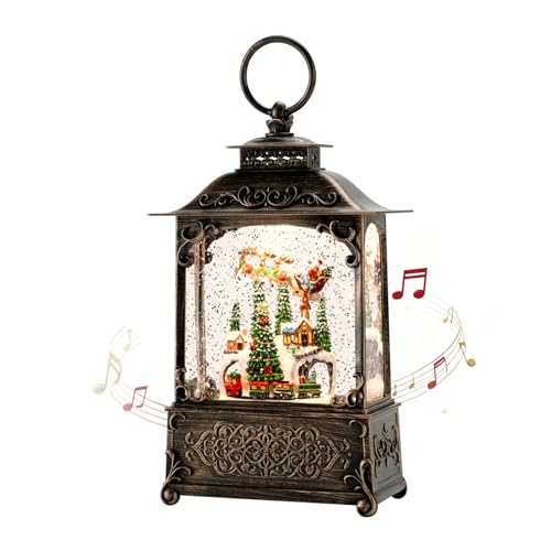 Christmas Snow Globe Lantern with Music & Lights - Flying Santa Scene, Giftable Holiday Decor