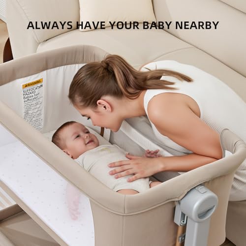 3-in-1 Baby Bassinet Bedside Sleeper & Rocking Crib with Wheels - Khaki