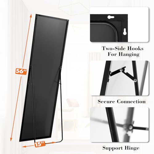 Full Length Standing Mirror - 56" x 15" Black Aluminum Frame Floor Mirror
