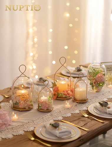 NUPTIO Glass Lanterns with Dome Shade - Gold Hurricane Candle Holders for Outdoor & Indoor Decor