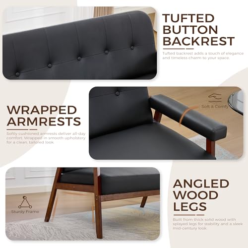 3-Piece Mid-Century Modern Faux Leather Loveseat and Accent Chair Set