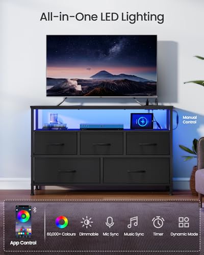 5-Drawer Dresser with LED Lights and Charging Station, Modern Storage Chest