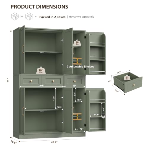 72-Inch Tall Kitchen Pantry Cabinet with Swing-Out Doors and Drawers, Green