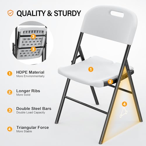 Heavy Duty Folding Chairs - Portable HDPE Steel Chairs, 4 Pack - White