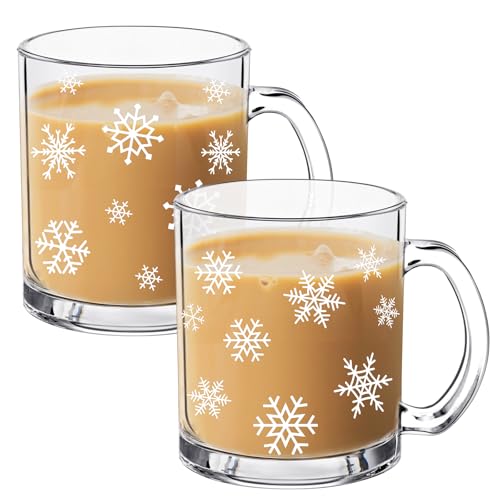Tioncy 12 oz 2-Piece Snowflake Glass Coffee Mugs with Handle – White, Pack of 2