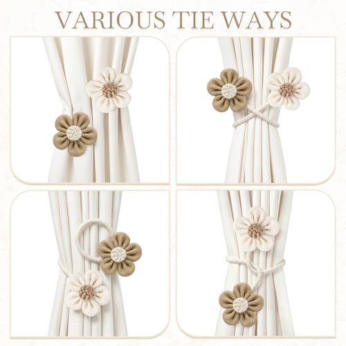 Boho Flower Curtain Tiebacks, Adjustable Linen Cotton Holdbacks - 2 Pack