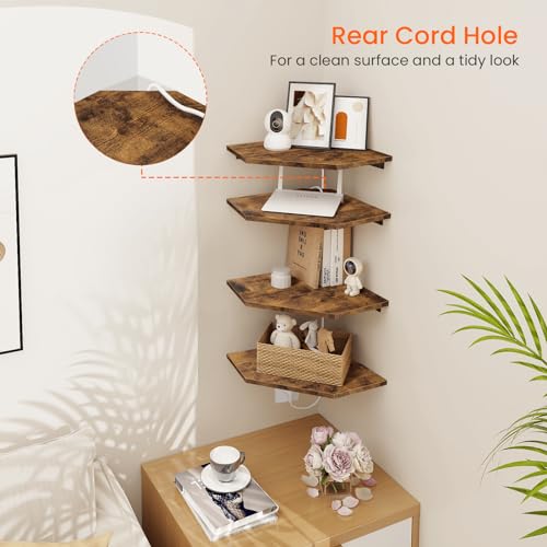 Set of 4 Floating Corner Shelves with Cable Management - Rustic Brown
