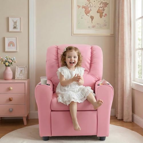 Kids Recliner Chair with Cup Holders and Storage, PU Leather Toddler Sofa