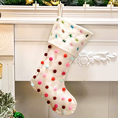 Hopearl Pom Pom Christmas Stocking - Boho Style 18'' Fireplace Sock, Cream, Style 1
